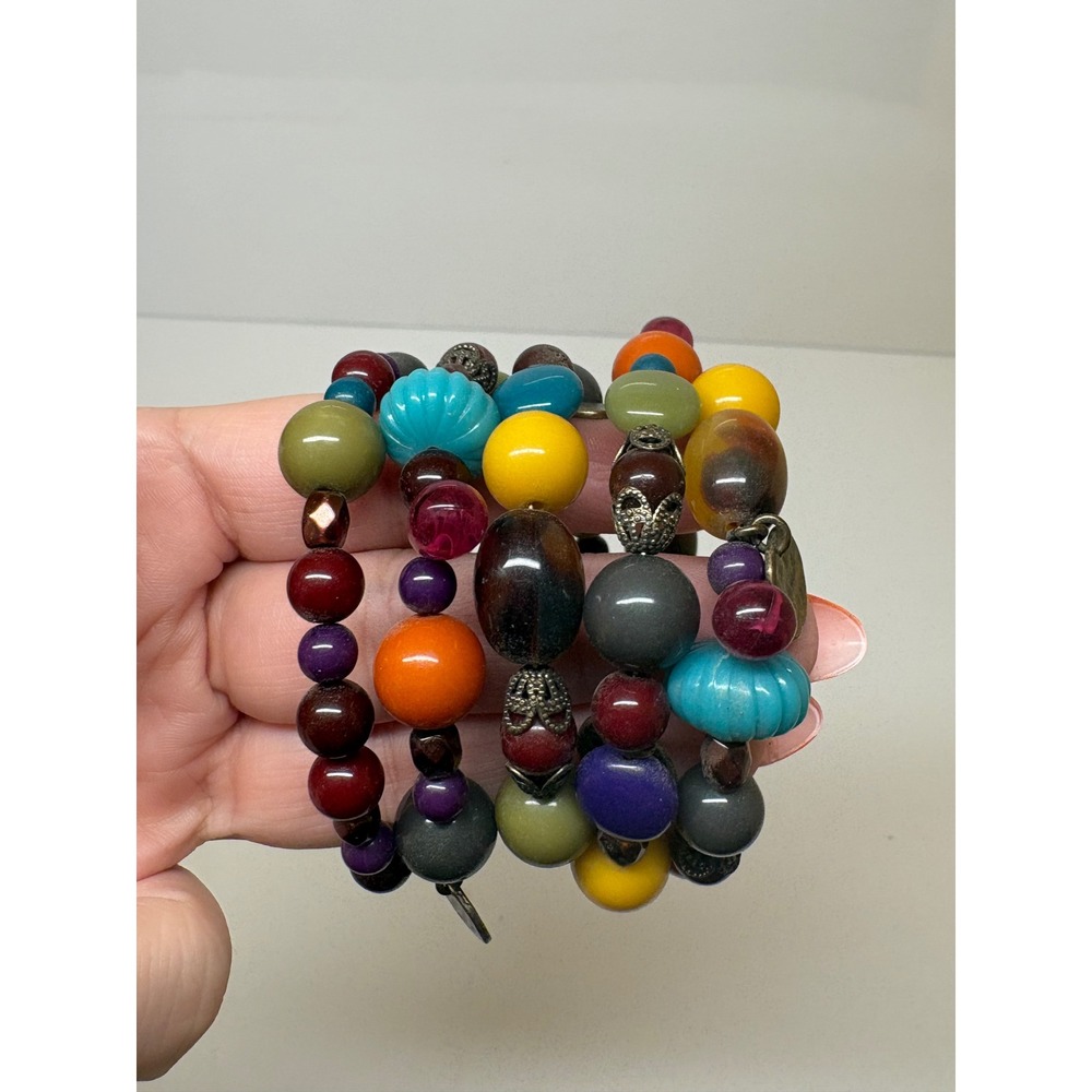 Bohemian Multi Color Bead Memory Wire Wrap Bracelet Antique Bronze Coin Charms